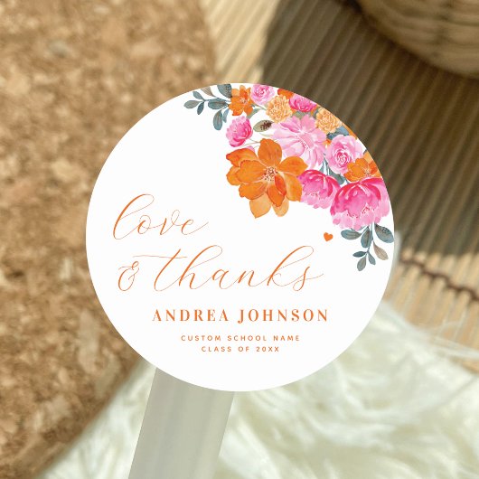 Sticker Rond Pink & Orange Floral Amour & Merci Graduation