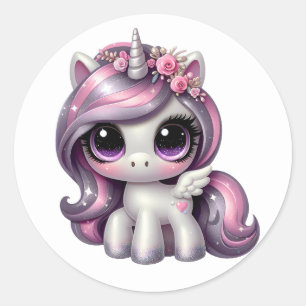 Sticker Rond Pink parties scintillant pony licorne