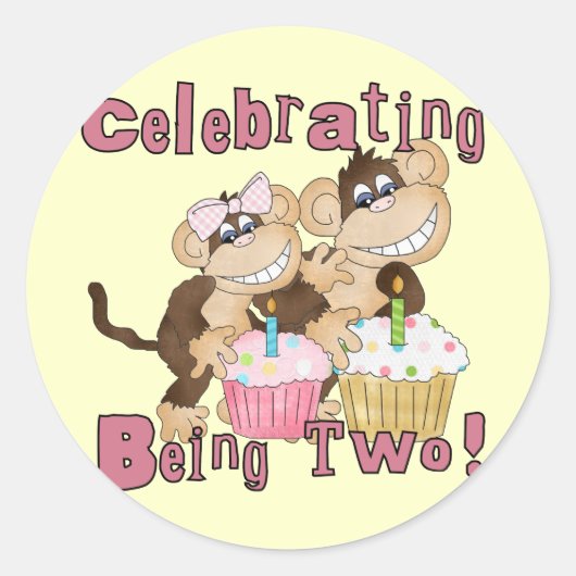 Sticker Rond Pink Party Monkey 2e Anniversaire Tshirts et cadea (Devant)