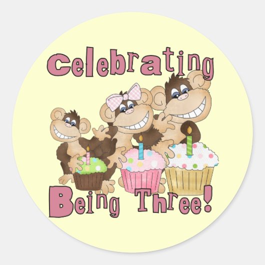 Sticker Rond Pink Party Monkey 3e Anniversaire Tshirts et cadea (Devant)