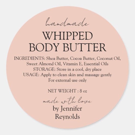 Sticker Rond Pink Pastel Handmade Body Butter Organic Classic (Devant)
