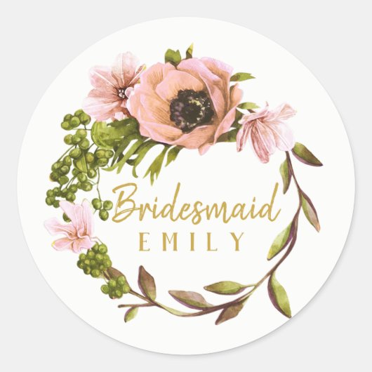 Sticker Rond Pink Peony Wreath Bridesmaid Nom ID456 (Devant)