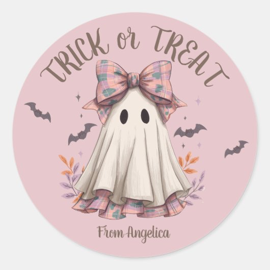 Sticker Rond Pink Plaid Bow mignon Fille Fantôme Halloween (Devant)