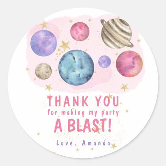 Sticker Rond Pink Planets Space Fête d'anniversaire (Devant)