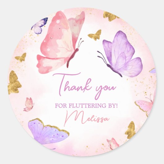 Sticker Rond Pink Purple Petit Papillon fête d'anniversaire (Devant)