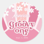 Sticker Rond Pink Rainbow Super One Retro Daisy Premier anniver (Devant)