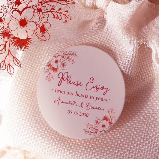 Sticker Rond Pink Red Floral Please Enjoy Wedding