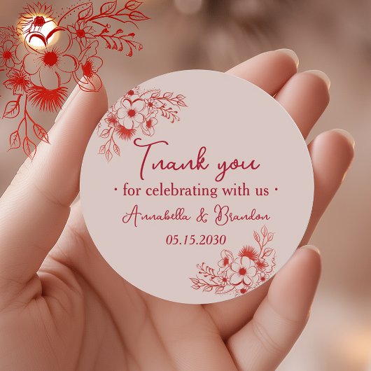 Sticker Rond Pink Red Floral Wedding Thank You