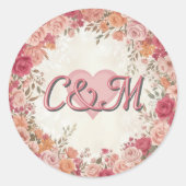 Sticker Rond Pink & Red Romantic Spring Floral Monogram Wedding (Devant)