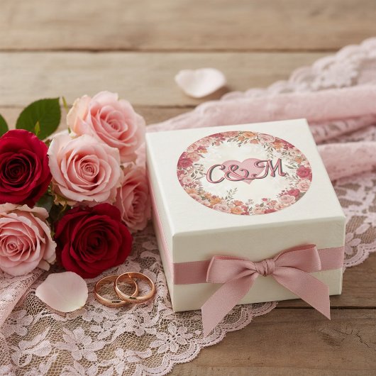 Sticker Rond Pink & Red Romantic Spring Floral Monogram Wedding