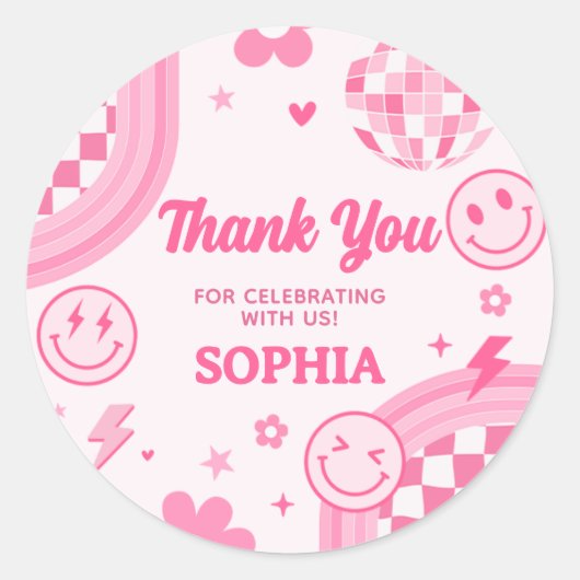 Sticker Rond Pink Retro Super fête d'anniversaire (Devant)