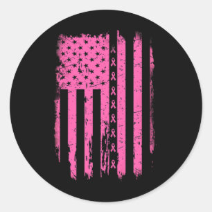 Sticker Rond Pink Ribbon American Flag Usa Breast Cancer Award