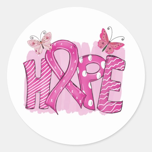Sticker Rond Pink Ribbon Fighter Papillon Hope Cancer du sein (Devant)