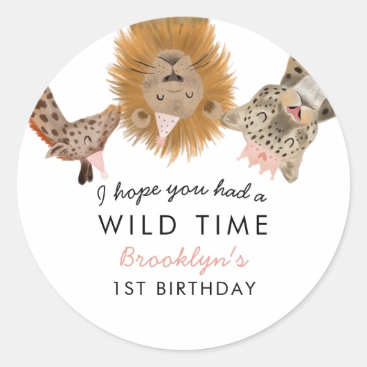 Sticker Rond Pink Safari Animaux Thème Fille Anniversaire (Devant)