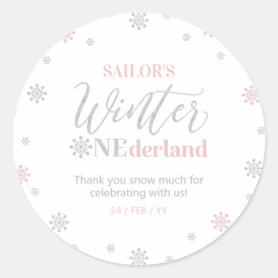Sticker Rond Pink Silver Winter onderland Merci neige beaucoup