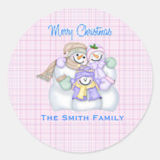 Sticker Rond Pink Snowman Famille Custom Noël