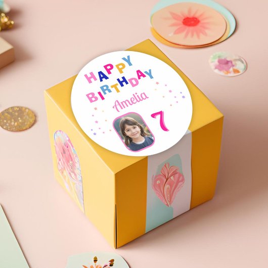 Sticker Rond Pink Stars Joyeux Anniversaire Fille Photo
