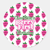 Sticker Rond Pink Strawberry Berry First Birthday (Devant)