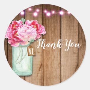 Sticker Rond Pink String Lights & Mason Jar Flowers Rustic Wood