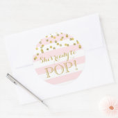 Sticker Rond Pink Stripes Gold Confetti Elle est prête à pop (Enveloppe)
