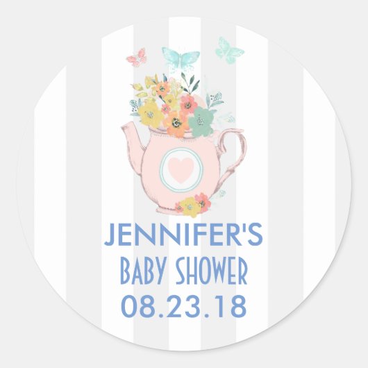 Sticker Rond Pink Teapot with Flowers & Butterflies (Devant)