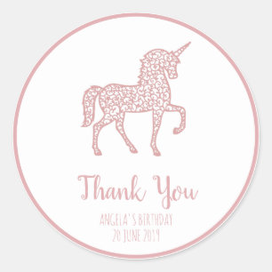 Sticker Rond Pink Unicorne fête d'anniversaire Merci Propre tex