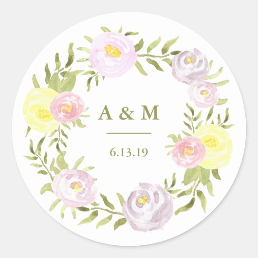 Sticker Rond Pink violet et jaune Aquarelle Rose Mariage (Devant)
