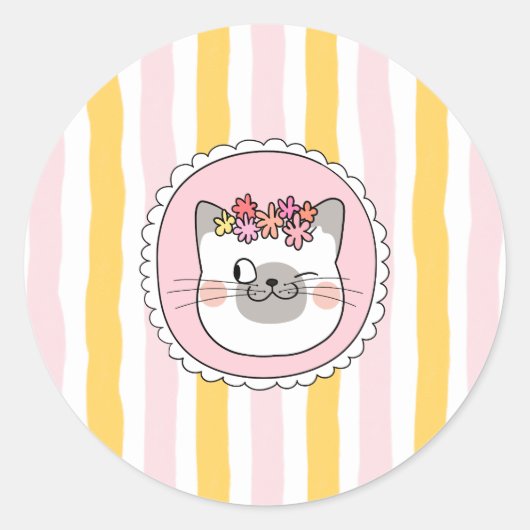 Sticker Rond Pink Yellow Stripes Cat (Devant)