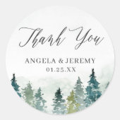 Sticker Rond Pins de forêt d'hiver Chic Mariage Merci (Devant)