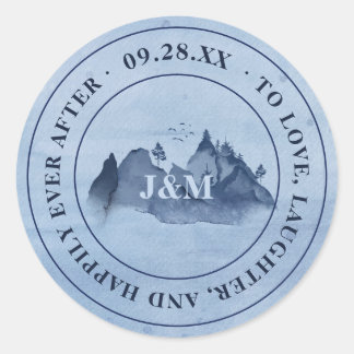 Sticker Rond Pins de montagne Mariage Monogramme bleu