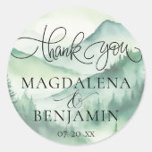 Sticker Rond Pins de montagne rustique Calligraphie Merci (Devant)