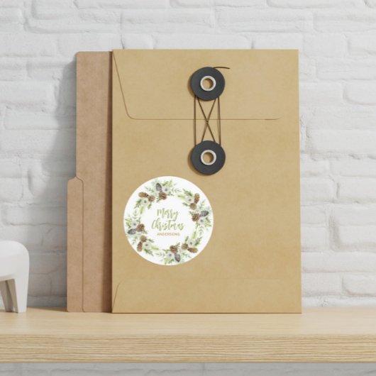 Sticker Rond Pins floraux verts couronne de Noël