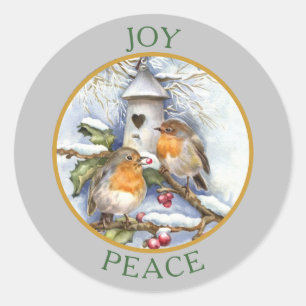 Sticker Rond Pinsons d'hiver vintage Joie Paix Noël
