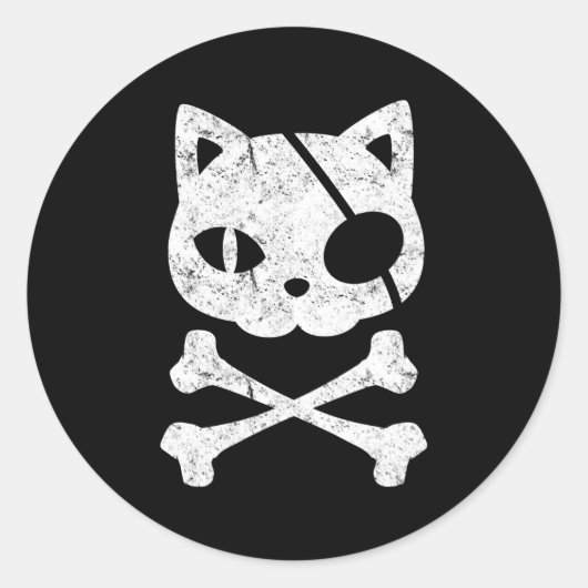 Sticker Rond Pirate Chat Kitten Halloween Skull Cross Bones (Devant)