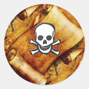 Sticker Rond Pirate crâne croisés trésors carte défiler