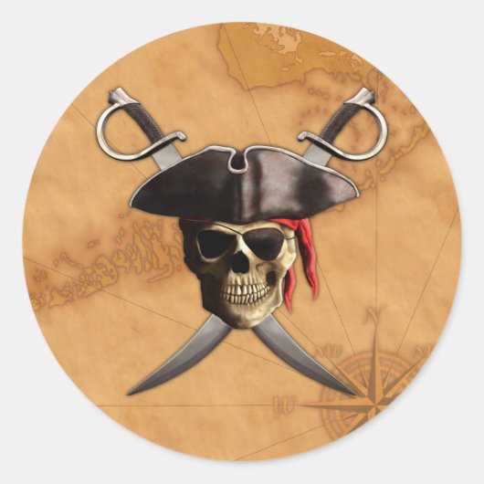 Sticker Rond Pirate Crâne épées et carte (Devant)