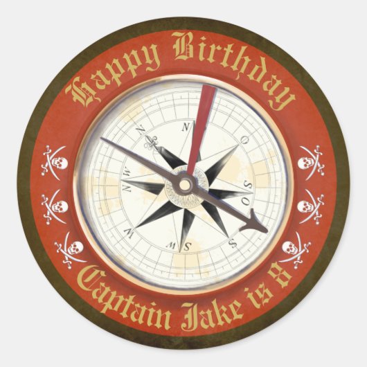 Sticker Rond Pirate de boussole d'anniversaire modifiable (Devant)