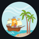 Sticker Rond Pirate kid birthday<br><div class="desc">This product is for kids that love pirates and piracy stories. It feesta cute little pirate boy that has arrived on this island with palm trees. There's a pirate ship in the horizon waiting for him to return with a treasure! Seagulls are watching. This product is ideal for a pirate...</div>
