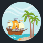 Sticker Rond Pirate kid birthday<br><div class="desc">This product is for kids that love pirates and piracy stories. It feesta cute little pirate boy that has arrived on this island with palm trees. There's a pirate ship in the horizon waiting for him to return with a treasure! Seagulls are watching. This product is ideal for a pirate...</div>
