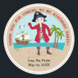 Sticker Rond Pirate kid birthday<br><div class="desc">This product is for kids that love pirates and piracy stories. It feesta cute little pirate boy that has arrived on this island with palm trees. There's a pirate ship in the horizon waiting for him to return with a treasure! Seagulls are watching. This product is ideal for a pirate...</div>