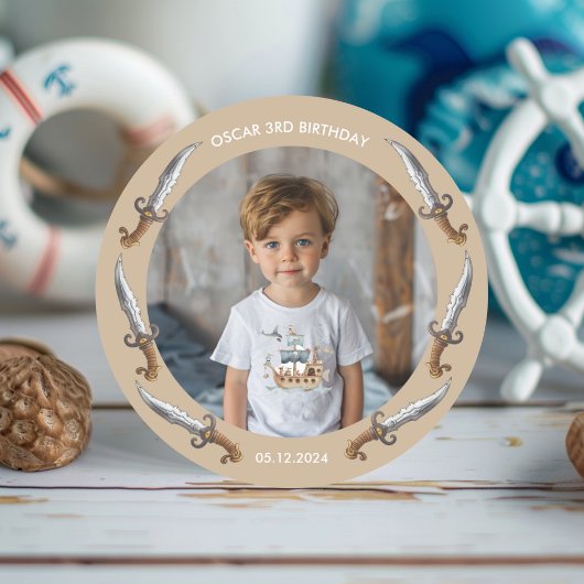 Sticker Rond Pirate Ship Brown thème nautique Anniversaire