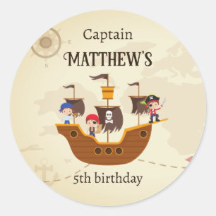 Sticker Rond Pirate Ship Treasure Map Fête d'anniversaire de l'