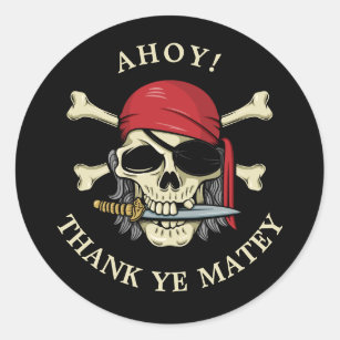Sticker Rond Pirate Skull and Crossbones Merci