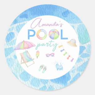 Sticker Rond Piscine d'aquarelle Piscine de fête d'anniversaire
