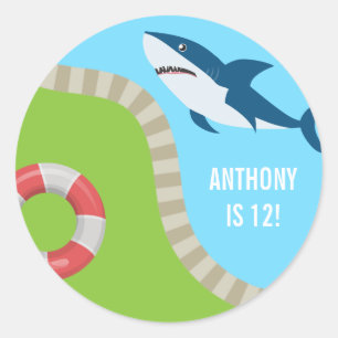 Sticker Rond Piscine d'été à thème requin Fête d'anniversaire