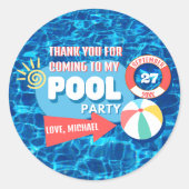 Sticker Rond Piscine d'été Fête Tropicale Anniversaire Bleu (Devant)