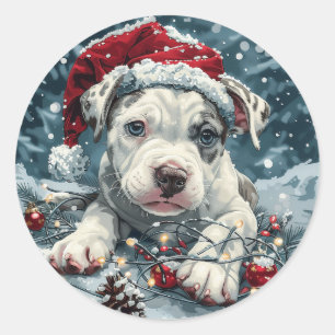 Sticker Rond Pit Bull de Noël en Père Noël Chiot