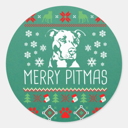 Sticker Rond Pitbull Christmas Lovers Merry Pitmas Ugly Christm (Devant)