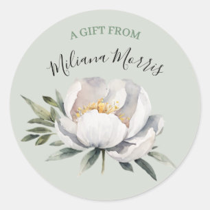 Sticker Rond Pivoine blanche aquarelle romantique miel vert