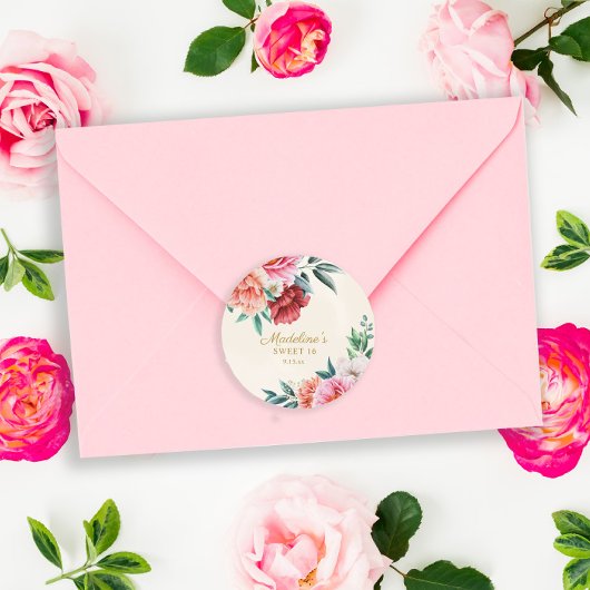 Sticker Rond Pivoines roses bordeaux fleurs douces 16 ans